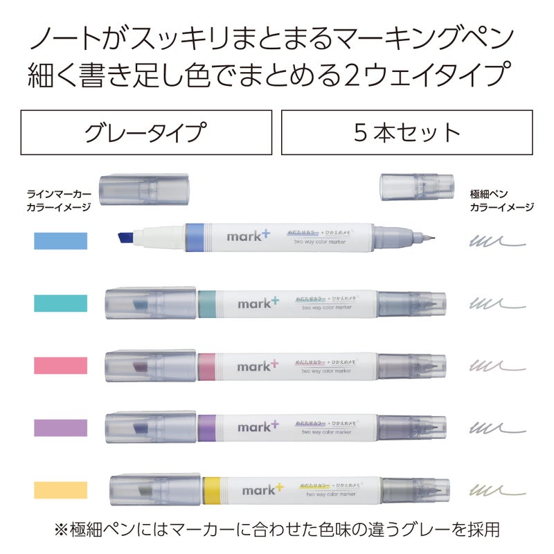 KOKUYO Pastel Highlighters, Dual-Tip Highlighter Markers for Bible in Assorted Colors, Fine & Chisel Tip No Bleed Quick-Dry for Journals, Planners, Notes, Grey Colors. Japan Import (PM-MT201-5S) - Image 2